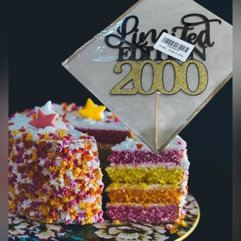 Limited Edition 2000 Cake Topper - Black and Gold Glitter Party Decoration